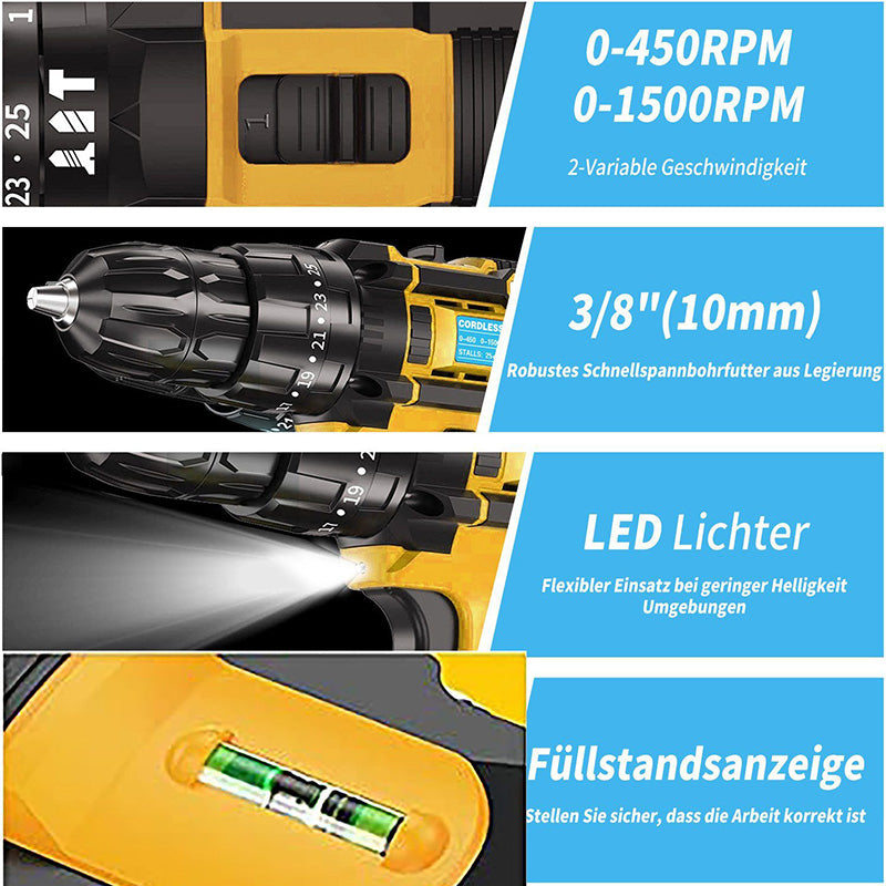 Akku-Schraubendreher Akkuschrauber Set,1200 U/min, 45 Nm, Drehmoment, 2-Gang