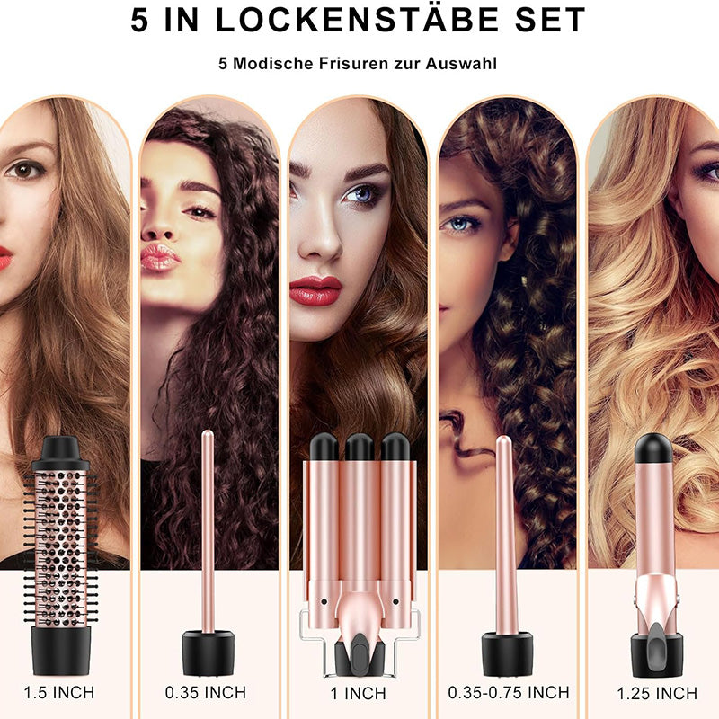 Lockenstäbe Set 5 in 1, Lockenstab mit 3 Fässer und Multifunktion Lockenbürste