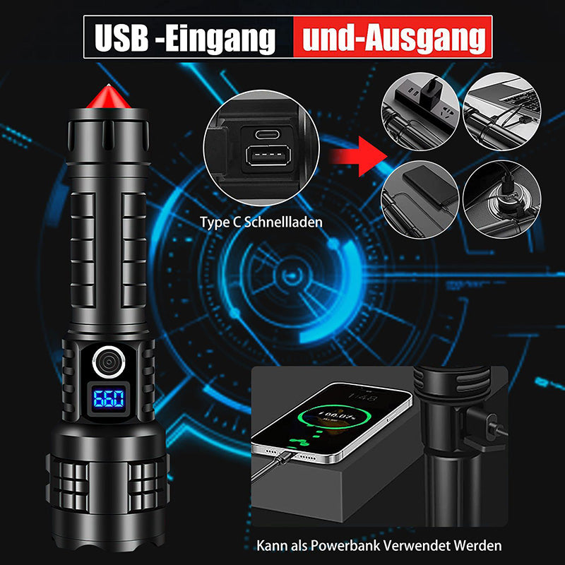 LED Taschenlampe USB Aufladbar Flashlight 10000 Lumen, 5 Lichtmodi Wasserdichte IP67 Akku Tragbarer